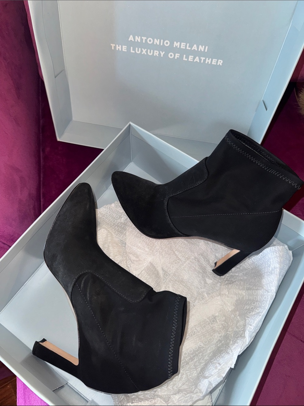 ANTONIO MELANI Black Suede Pointed Toe Ankle Booties Style Suzon size 7.5 - Picture 3 of 13